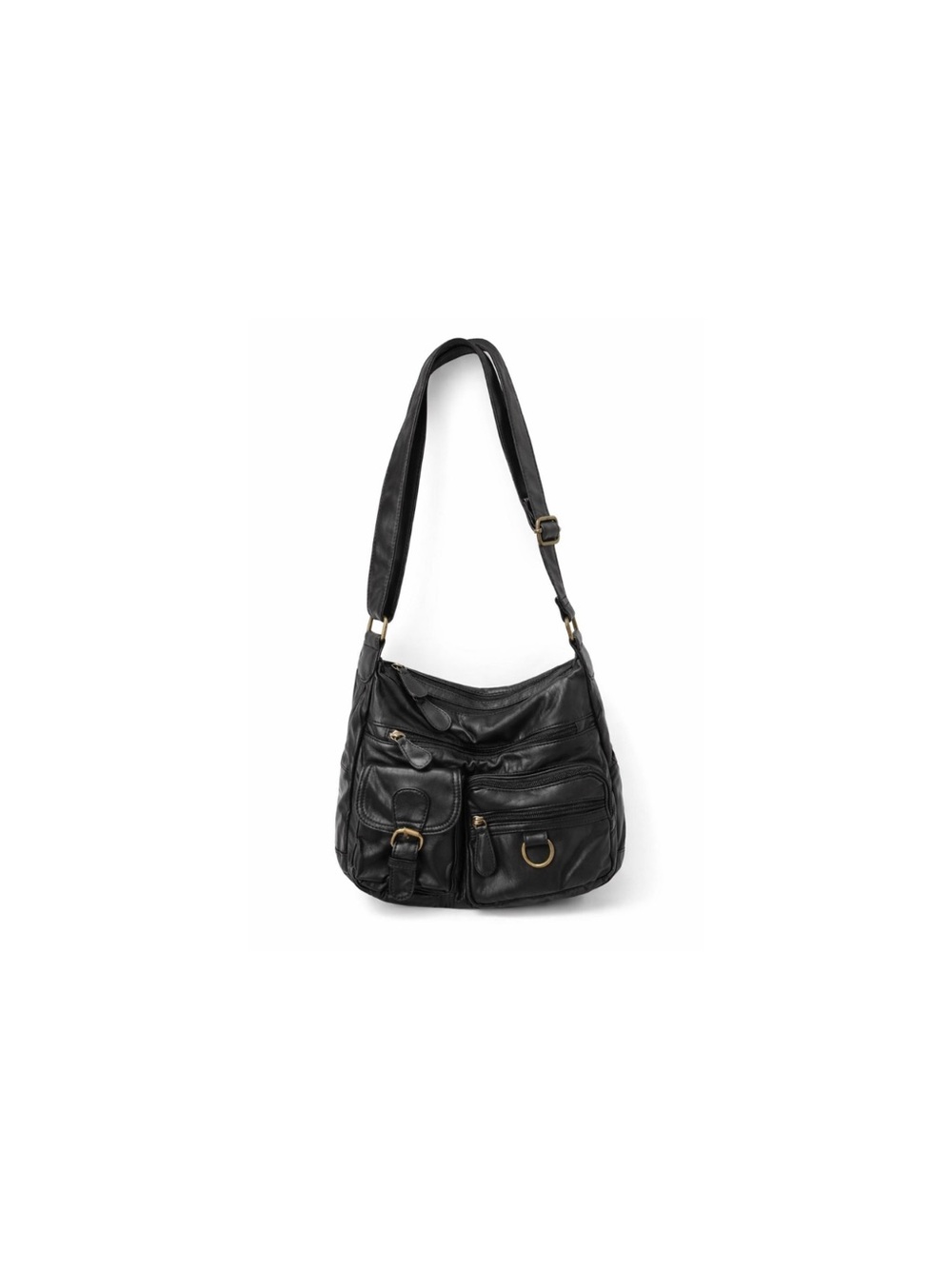 Vintage Black Multi-Pocket Shoulder Bag with Brass Accents